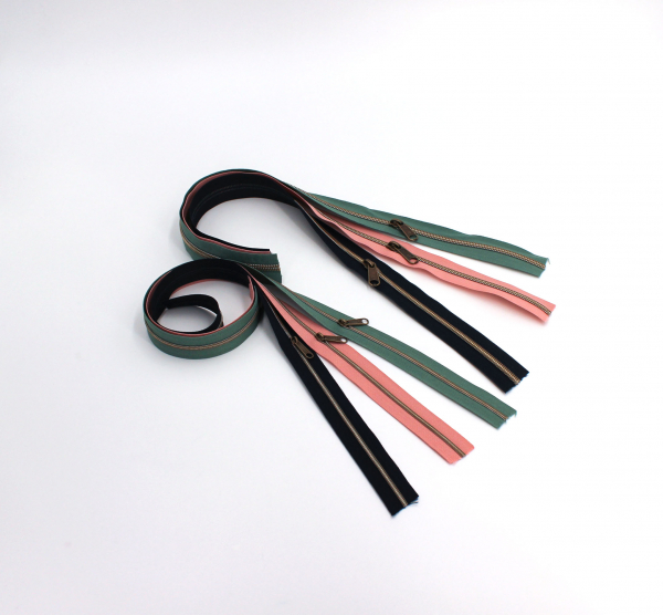 Endlosreißverschluss- Set metallisiert nachtblau, dusty rose, dusty emerald/messing-antik (6 x 50 cm)